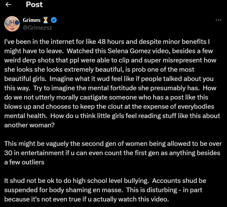 Grimes backs Selena Gomez after In The Dark video