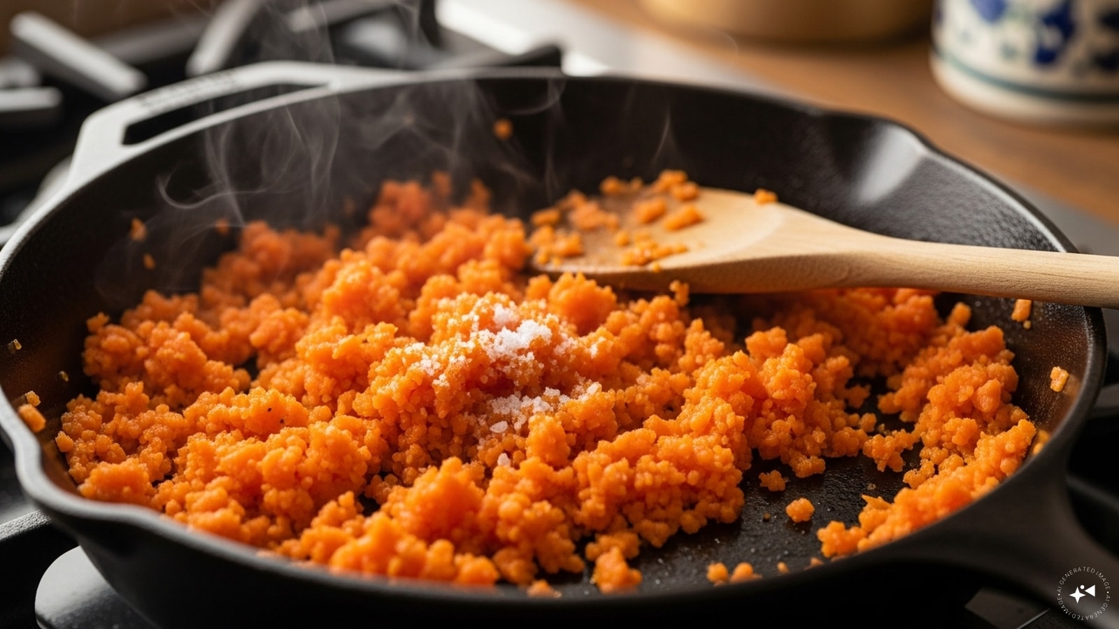 Sweat the carrots: Add the remaining ghee. Tip in the chopped/pulsed carrots with a tiny pinch of salt. Sauté on medium-low for 6-8 minutes until their raw aroma mellows and color deepens.