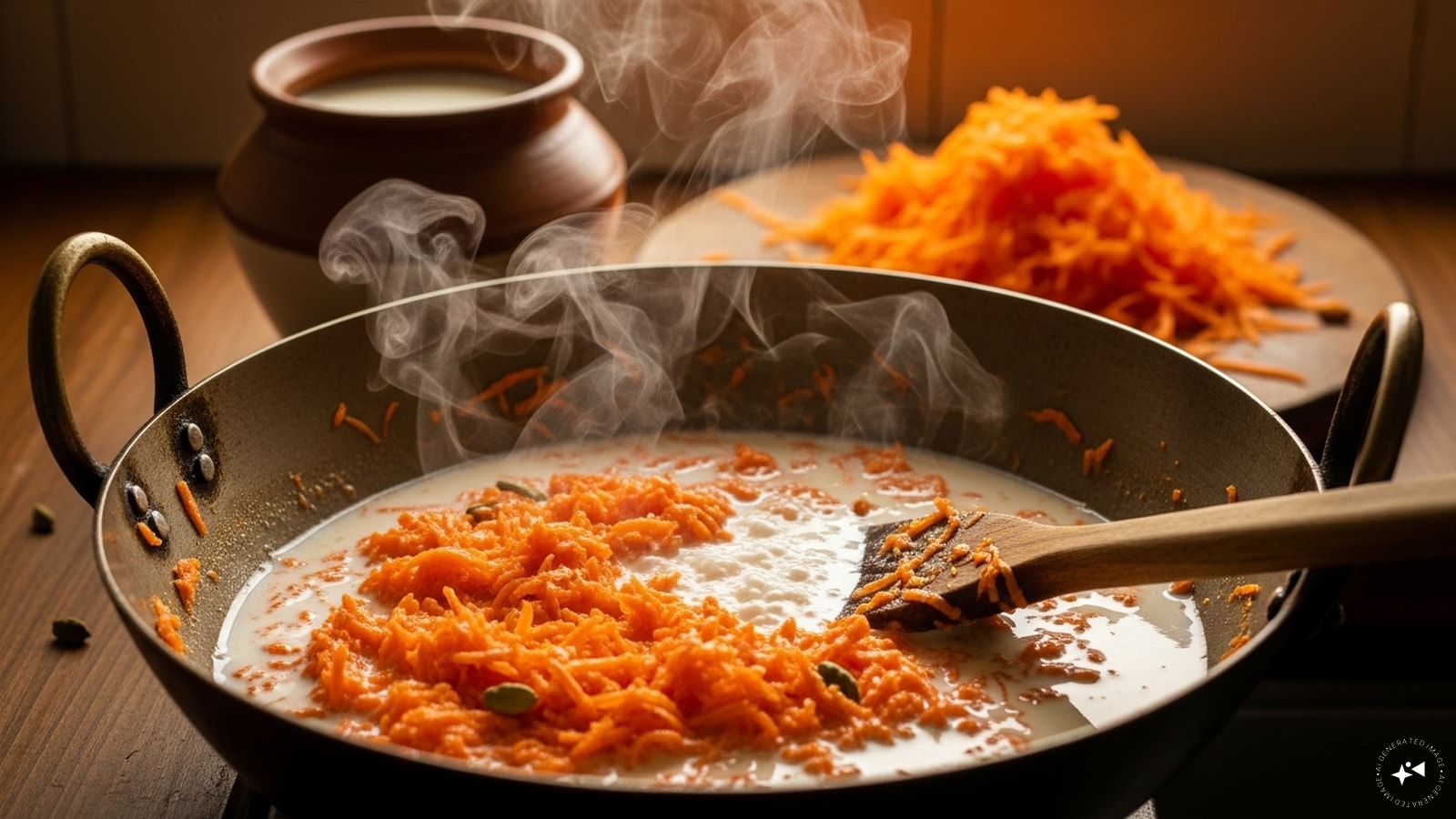 Slow cook in milk: Pour in the milk (and saffron milk if using). Stir, bring to a gentle simmer, then reduce the heat. Cook uncovered, stirring every 3-4 minutes so it doesn’t catch. Let the carrots absorb milk and soften; this takes 20-30 minutes depending on your chop size.